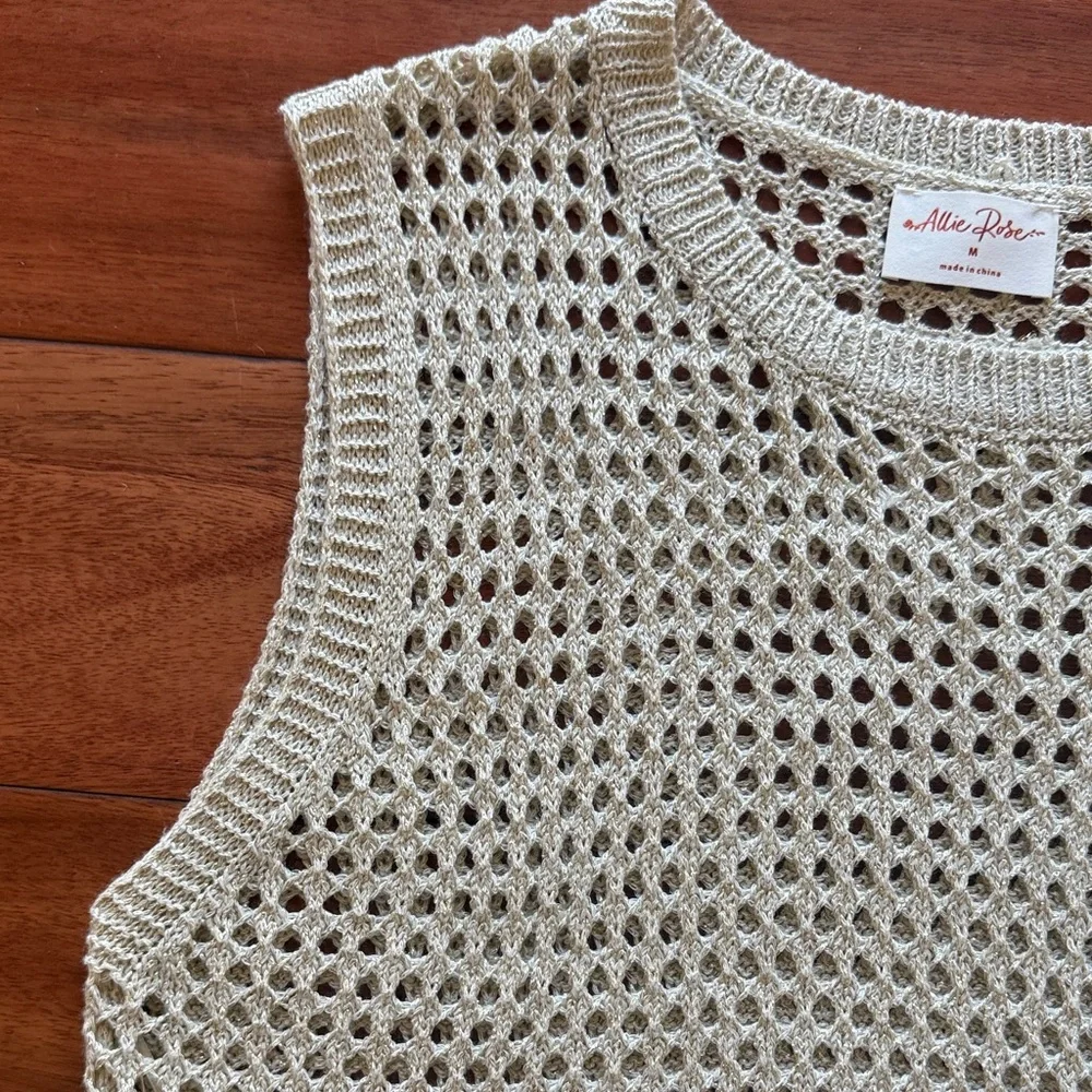 Allie Rose Beige Gold Sleeveless Mesh Top Open Weave Knit Size Medium - Picture 3 of 6